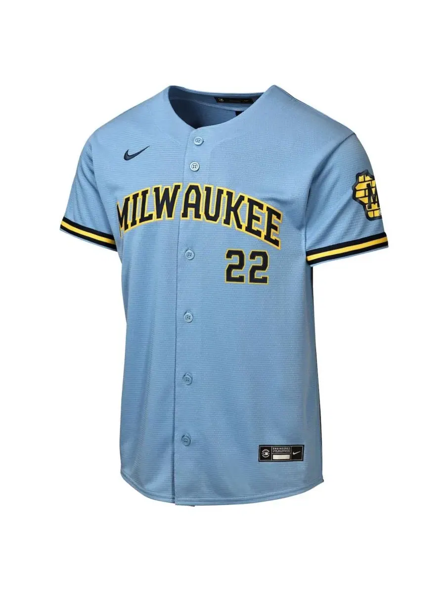 Детская футболка Christian Yelich Powder Blue Milwaukee Brewers Road Stadium Nike — изображение 3 из 3, синий