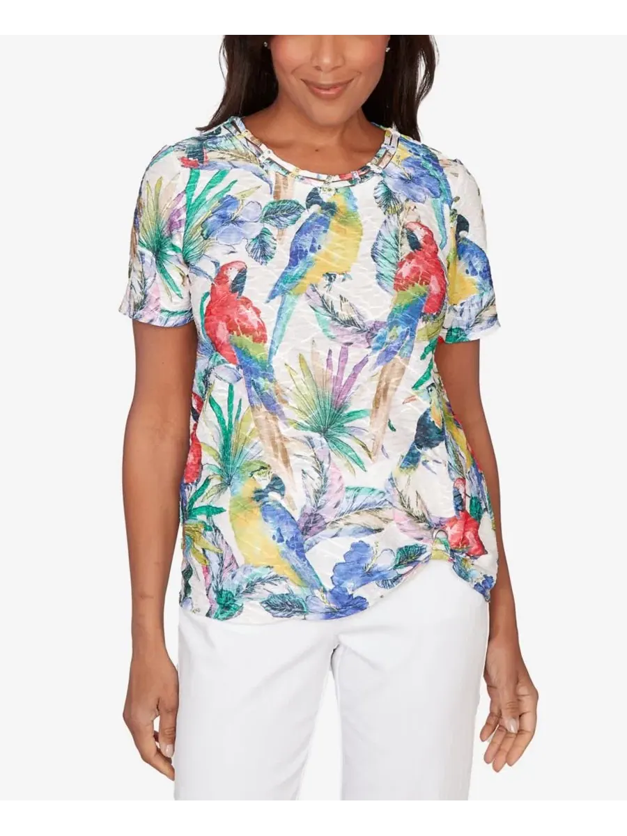 Футболка с коротким рукавом и принтом Petite Parrot Tropical Beaded Neck Top Alfred Dunner, Bright — изображение 1 из 5