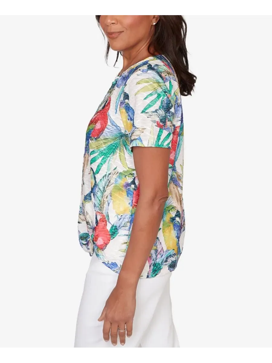 Футболка с коротким рукавом и принтом Petite Parrot Tropical Beaded Neck Top Alfred Dunner, Bright — изображение 3 из 5