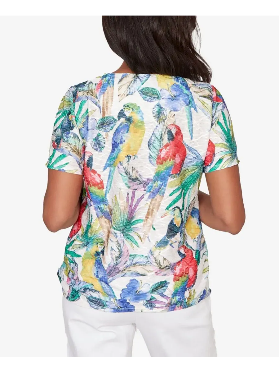 Футболка с коротким рукавом и принтом Petite Parrot Tropical Beaded Neck Top Alfred Dunner, Bright — изображение 5 из 5