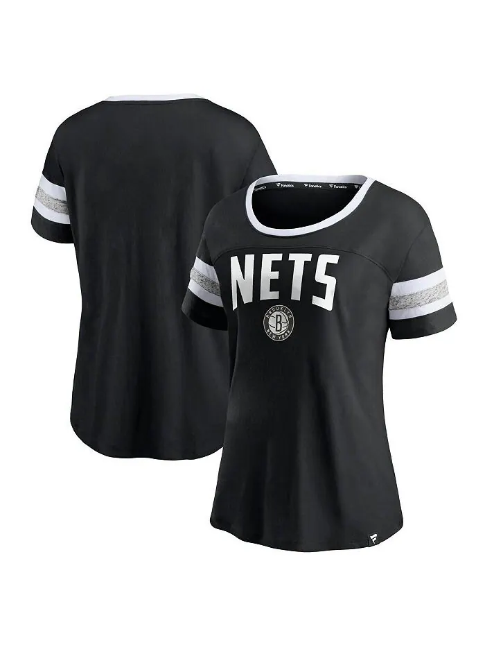 Женская черно-серая футболка с полосатыми рукавами Brooklyn Nets Block Party Fanatics — изображение 1 из 3, черный серый