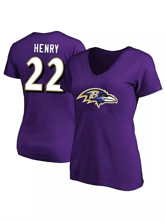 Женская футболка Derrick Henry Purple Baltimore Ravens размера плюс с именем и номером и V-образным — изображение 1 из 3