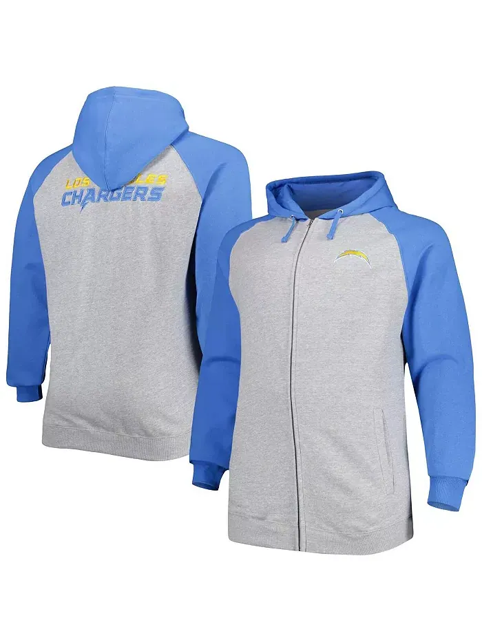 Мужская толстовка с капюшоном и молнией Los Angeles Chargers Big and Tall Fleece Raglan Full-Zip