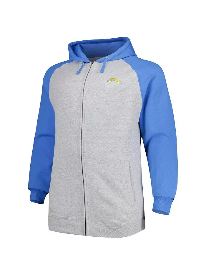 Мужская толстовка с капюшоном и молнией Los Angeles Chargers Big and Tall Fleece Raglan Full-Zip — изображение 3 из 3