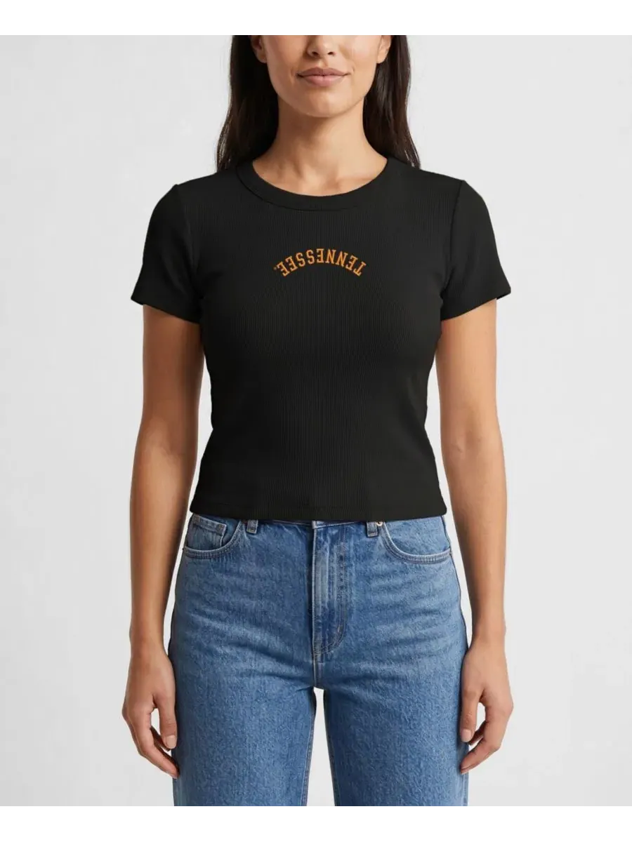 Футболка укороченная с вышивкой Upside Down Embroidery Ribbed Cropped Uscape Apparel — изображение 1 из 2, черный