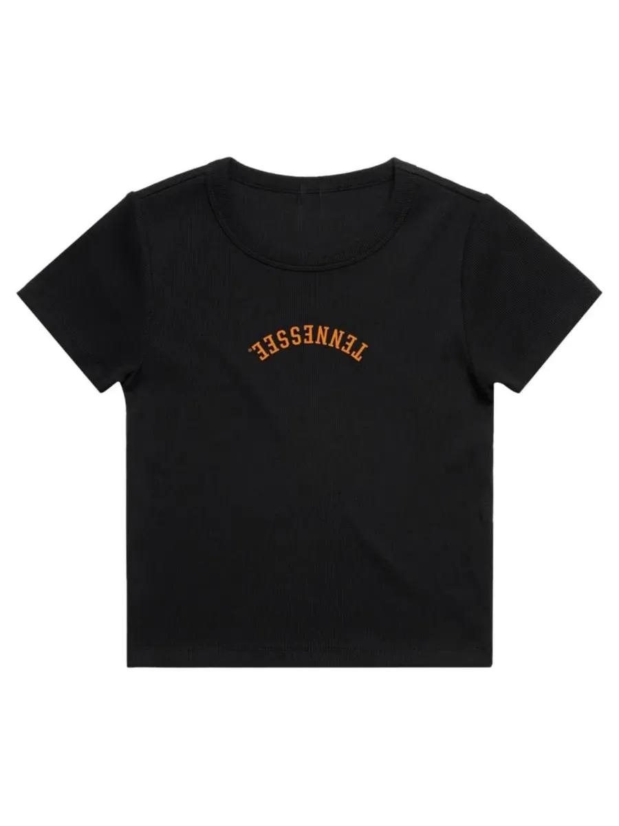 Футболка укороченная с вышивкой Upside Down Embroidery Ribbed Cropped Uscape Apparel — изображение 2 из 2, черный