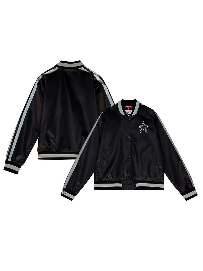 Женская черная рваная атласная куртка с длинными кнопками Dallas Cowboys реглан Mitchell & Ness — изображение 1 из 4, черный