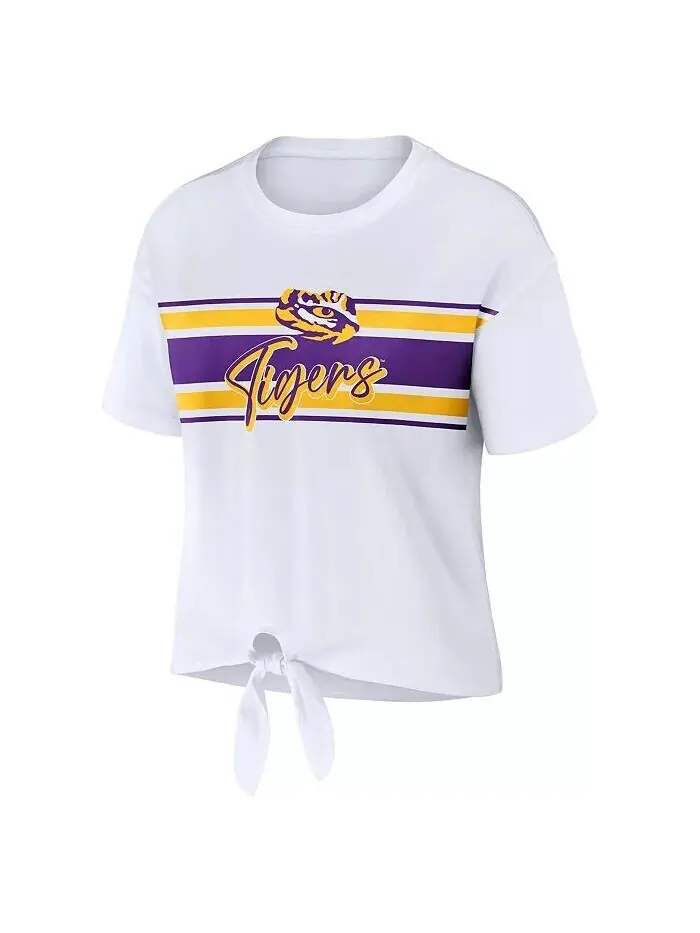 Женская белая укороченная футболка LSU Tigers в полоску спереди с узлом Wear By Erin Andrews — изображение 2 из 3