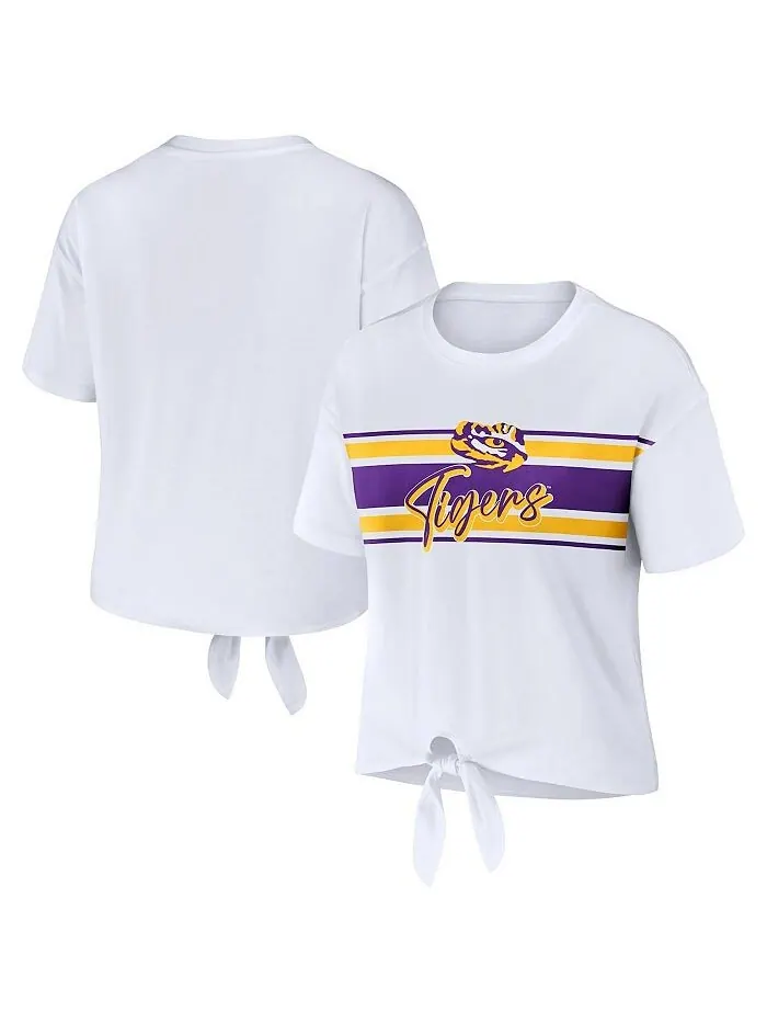 Женская белая укороченная футболка LSU Tigers в полоску спереди с узлом WEAR by Erin Andrews — изображение 1 из 3, белый
