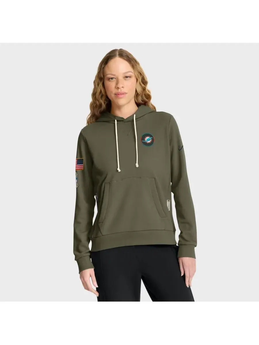 Nike Женская худи Olive Miami Dolphins 2025 Salute to Service Sideline Standard Issue Dri-FIT — изображение 1 из 5, оливковый