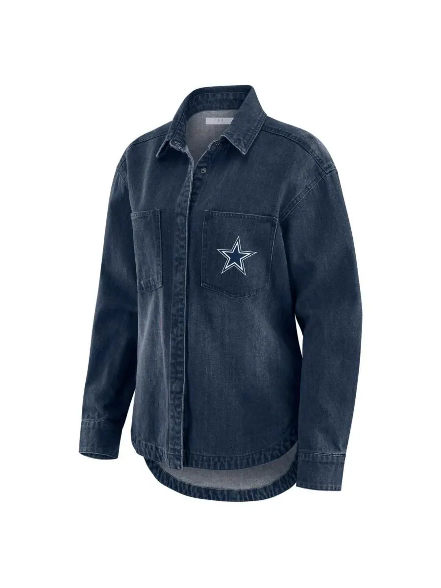 Женская джинсовая куртка-рубашка Dallas Cowboys, с эффектом потертости, свободного кроя, на кнопках — изображение 2 из 3