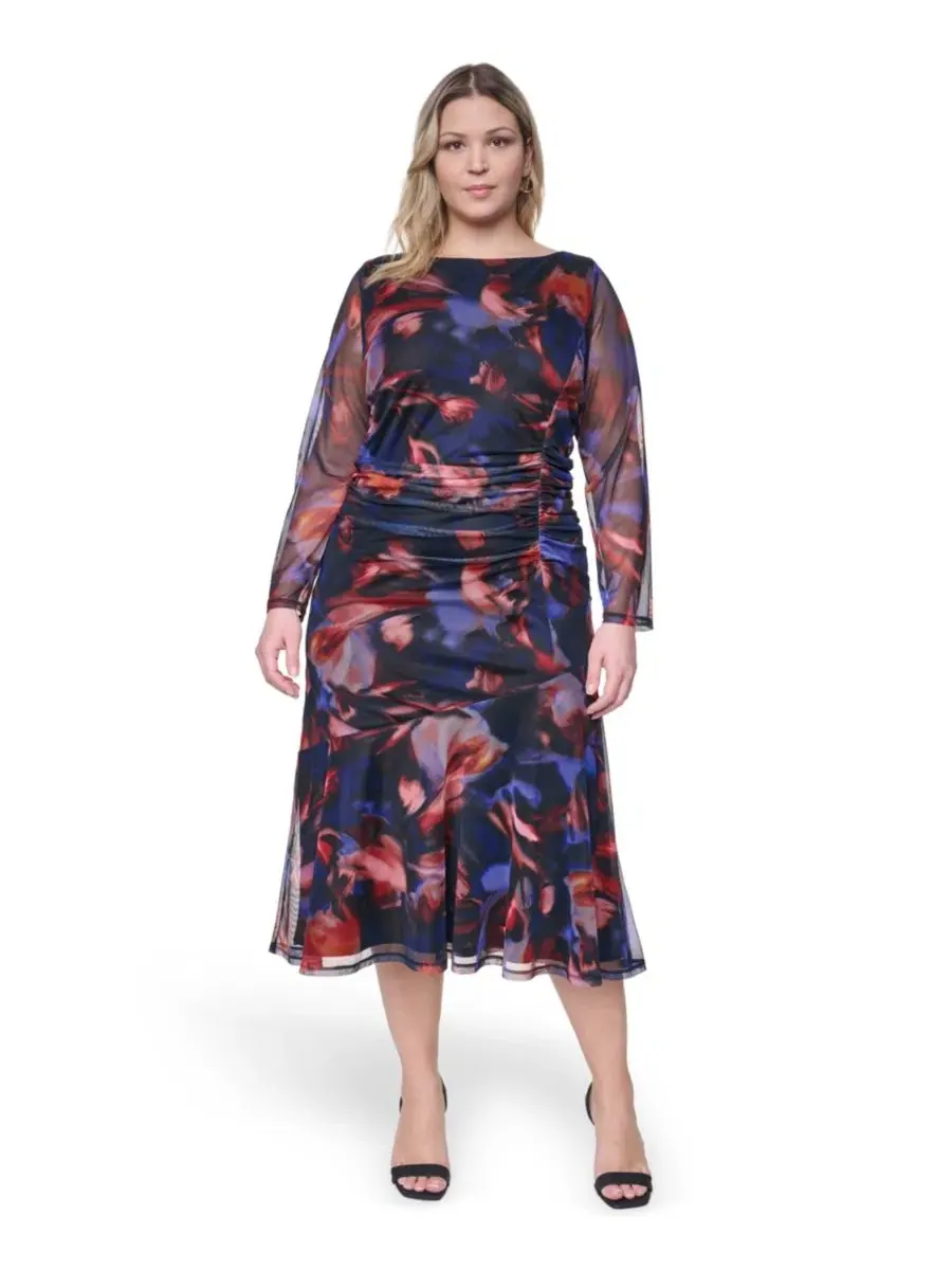 Платье-миди с боковой драпировкой и сеткой Plus Size Printed Side Ruched Mesh Midi Dress Vince — изображение 1 из 5