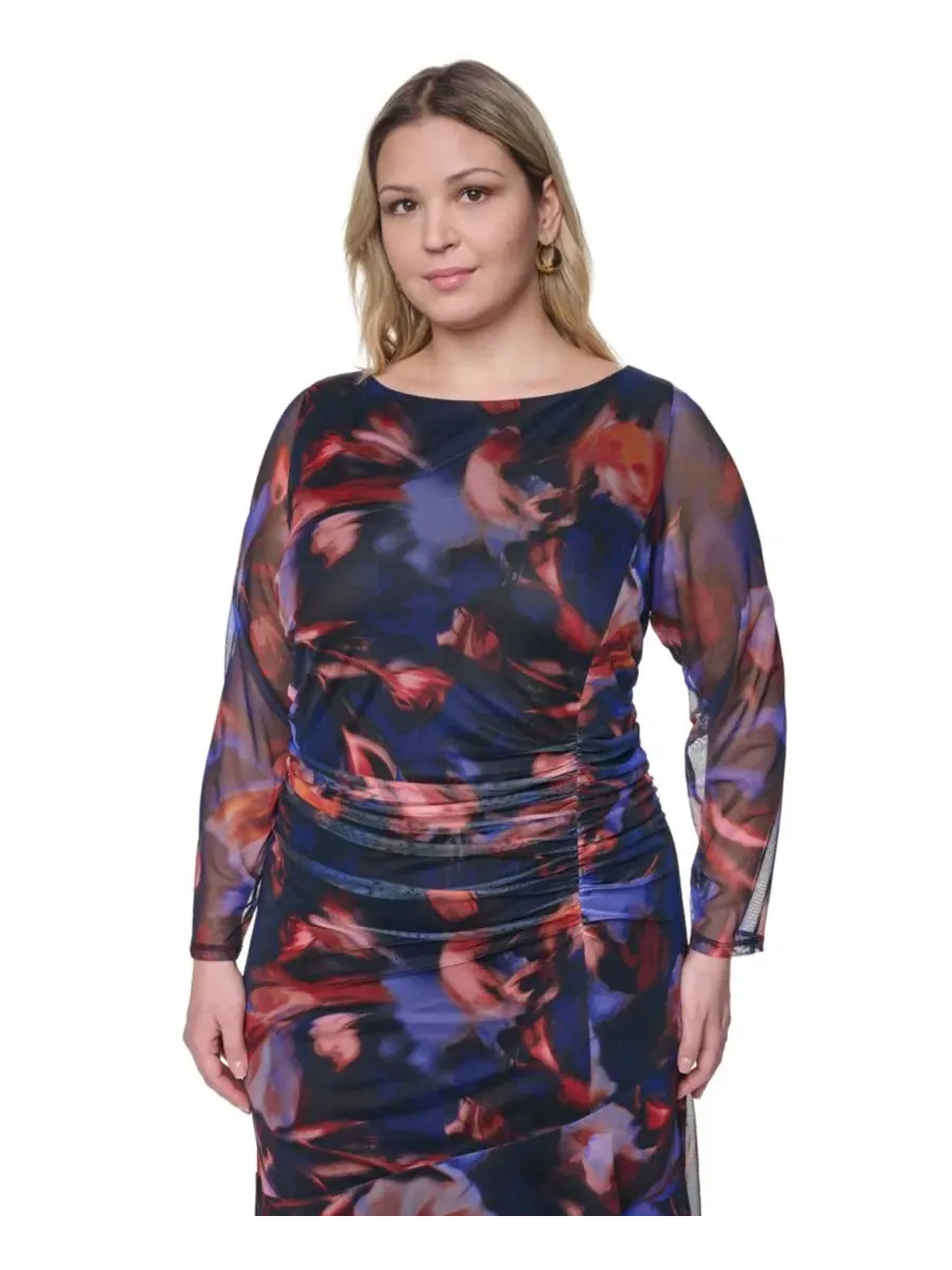 Платье-миди с боковой драпировкой и сеткой Plus Size Printed Side Ruched Mesh Midi Dress Vince — изображение 3 из 5