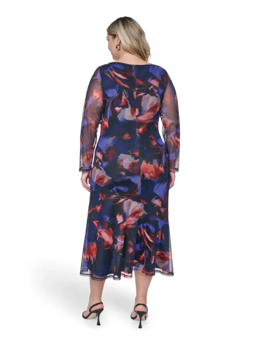 Платье-миди с боковой драпировкой и сеткой Plus Size Printed Side Ruched Mesh Midi Dress Vince — изображение 5 из 5