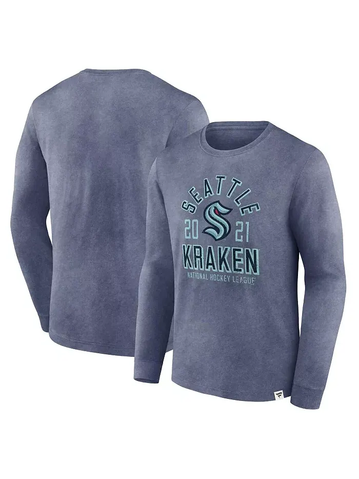 Мужская футболка с длинным рукавом Heather Deep Sea Blue Distressed Seattle Kraken Keep The Zone — изображение 1 из 3