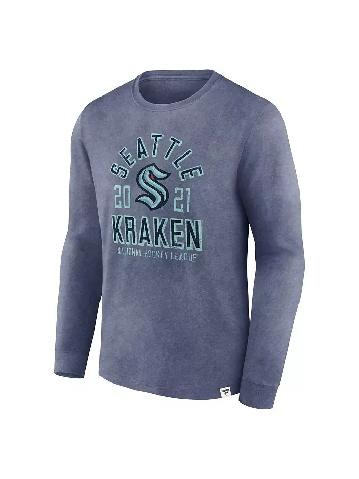 Мужская футболка с длинным рукавом Heather Deep Sea Blue Distressed Seattle Kraken Keep The Zone — изображение 2 из 3