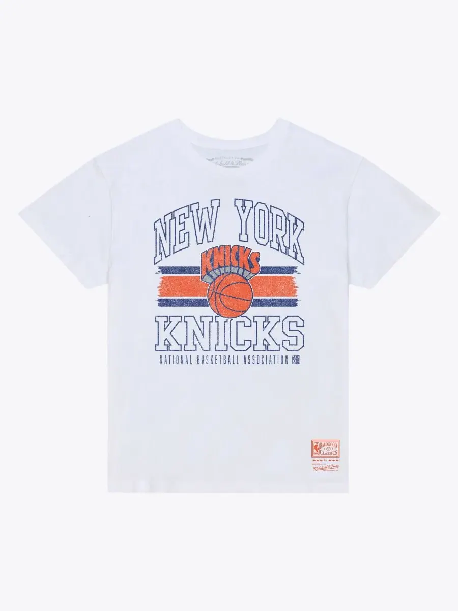 Футболка с боксовым кроем, с принтом, New York Knicks Striped Logo Boxy T-Shirt Mitchell & Ness — изображение 1 из 2, белый
