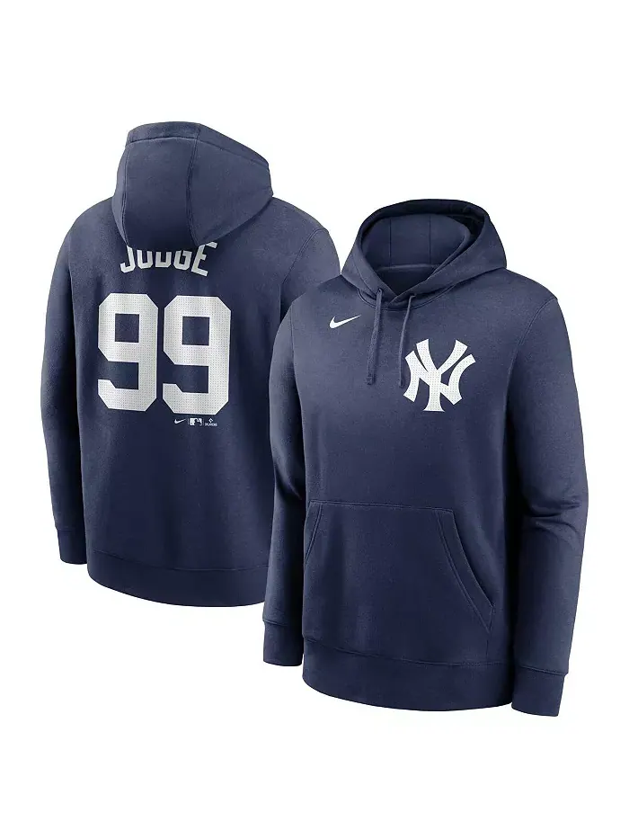 Мужская толстовка с капюшоном Aaron Judge синего цвета New York Yankees с именем игрока и номером