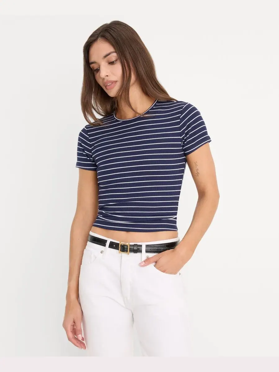Женская полосатая укороченная футболка с коротким рукавом Good American, Simple Stripe Horizon Ink