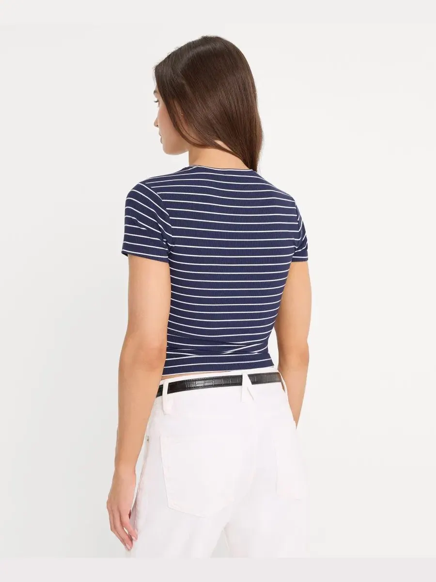 Женская полосатая укороченная футболка с коротким рукавом Good American, Simple Stripe Horizon Ink — изображение 4 из 4