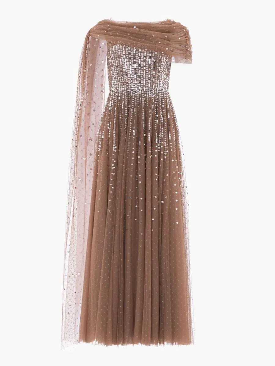 Платье-макси с пайетками Moonlight Sequin Draped Gown Needle & Thread, Cocoa/Tawny — изображение 2 из 4