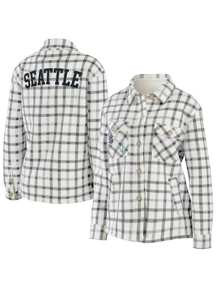 Женская овсяная куртка-рубашка на пуговицах в клетку Seattle Kraken WEAR by Erin Andrews — изображение 1 из 3, овсяный