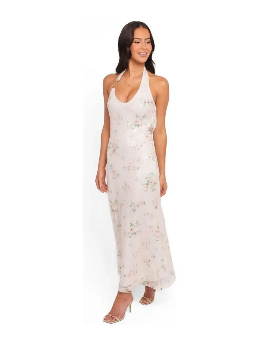 Платье макси с открытой спиной, с пайетками и цветочным принтом, Sequin Floral Petal and Pup — изображение 2 из 4