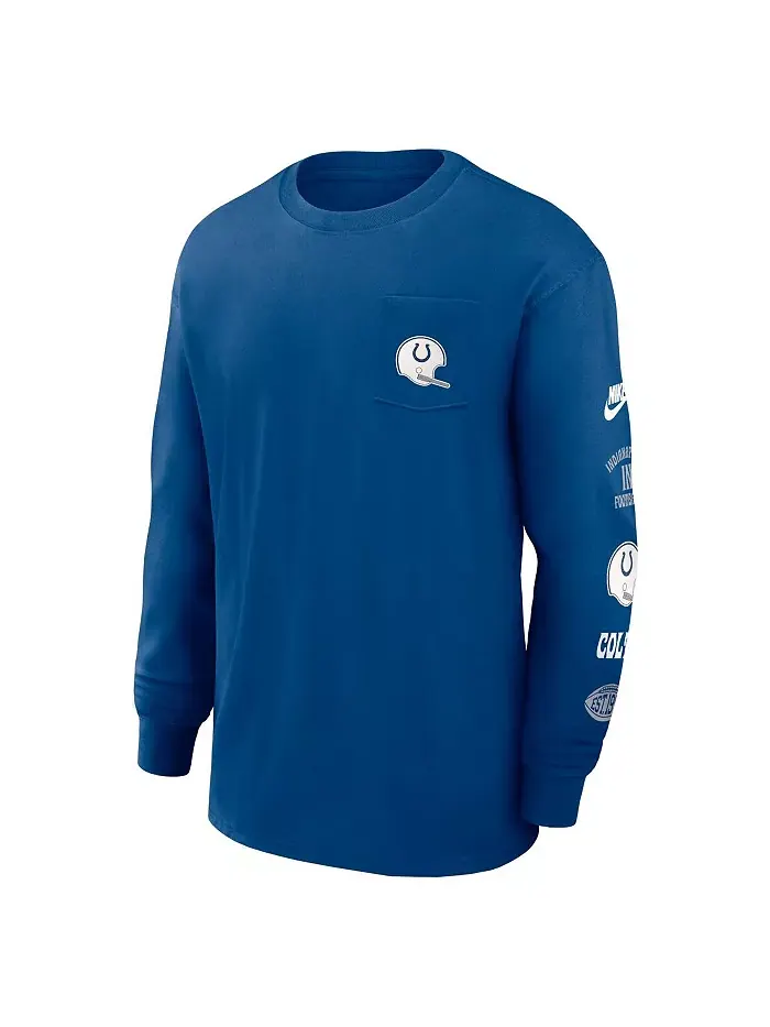 Мужская синяя футболка Indianapolis Colts Rewind Heavy Max 90 с длинным рукавом и карманом Nike — изображение 3 из 3