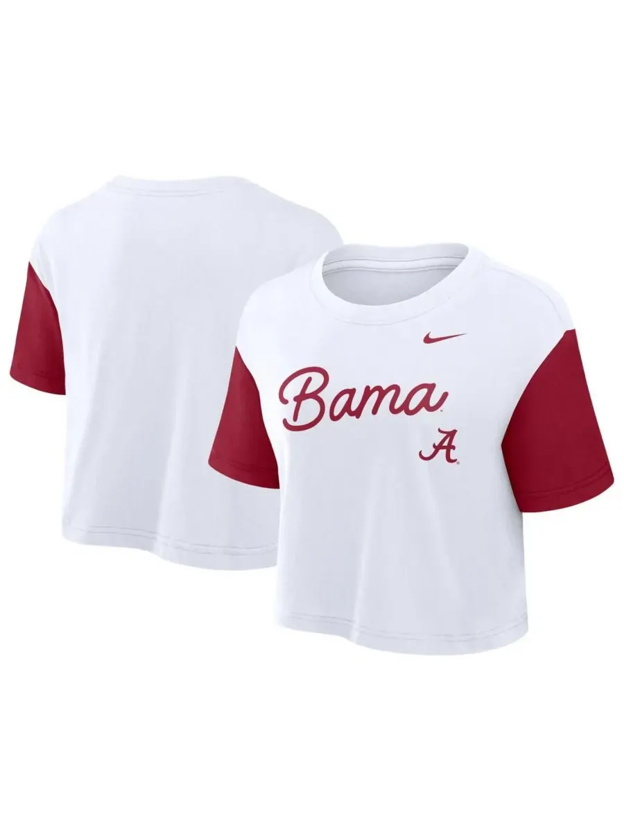 Nike Женская укороченная футболка Alabama Crimson Tide в бело-красную расцветку с цветными блоками — изображение 1 из 3