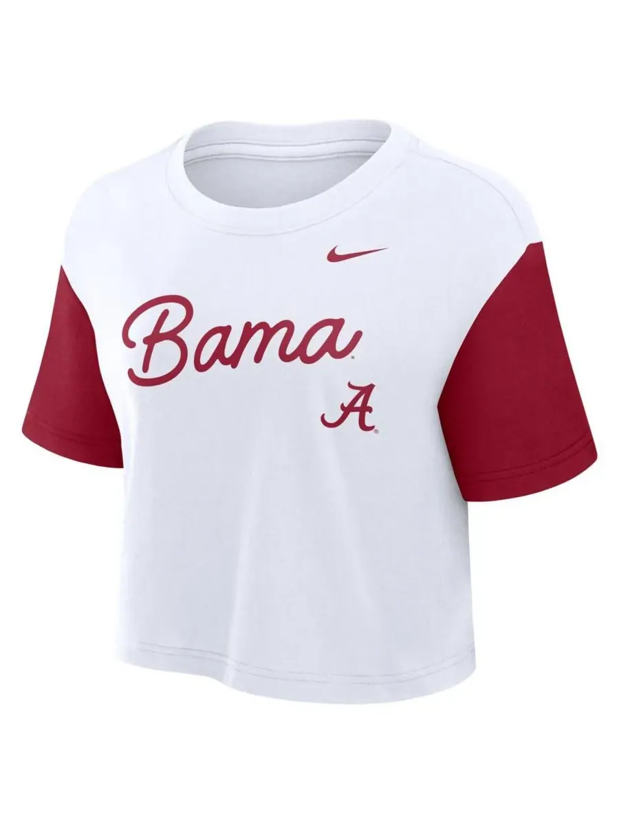 Nike Женская укороченная футболка Alabama Crimson Tide в бело-красную расцветку с цветными блоками — изображение 2 из 3