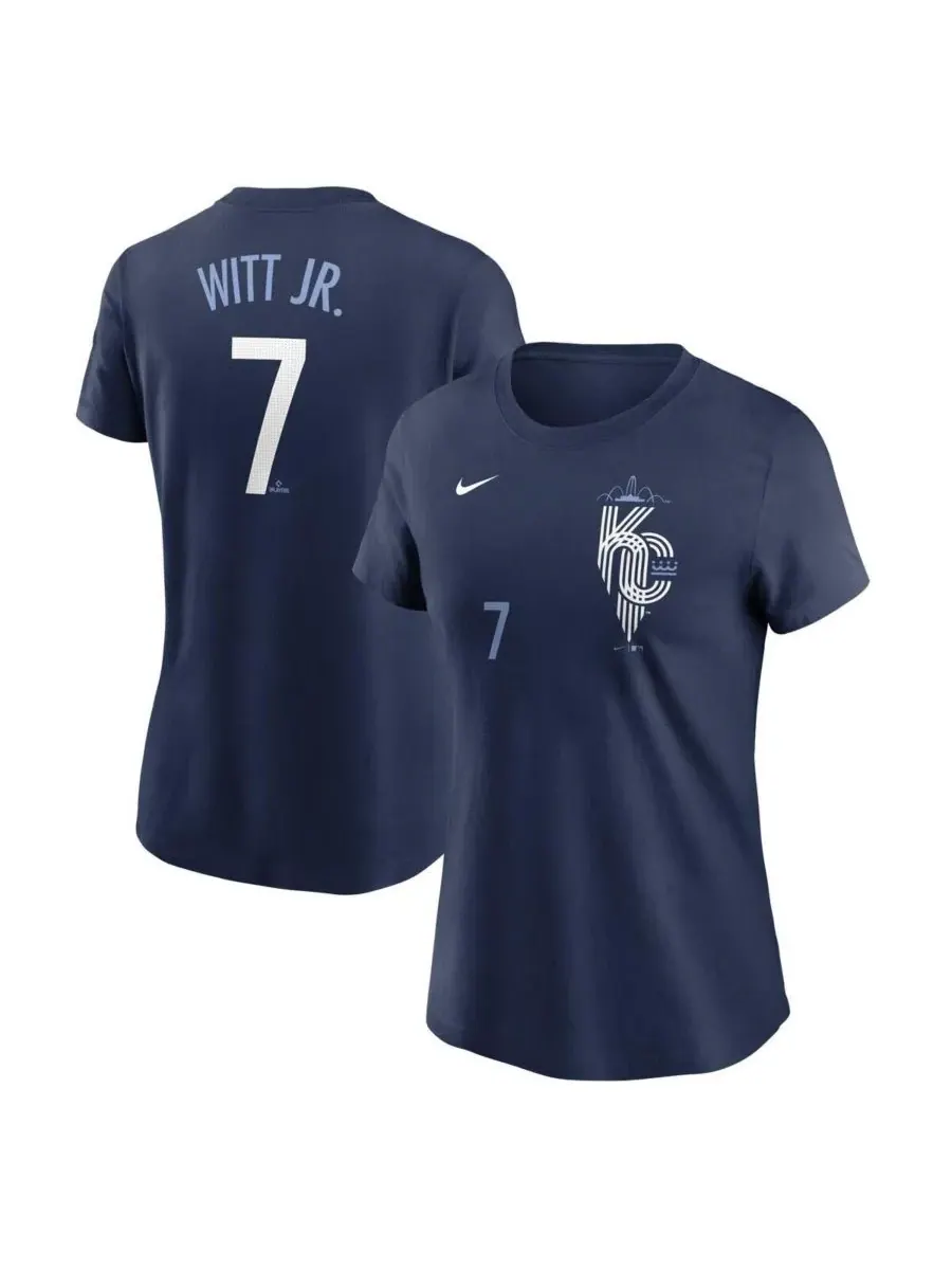 Nike Женская футболка Bobby Witt Jr. Navy Kansas City Royals City Connect Fuse с номером игрока — изображение 1 из 3