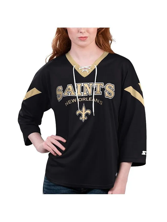 Женская черная футболка New Orleans Saints Rally со шнуровкой и рукавами 3/4 Starter