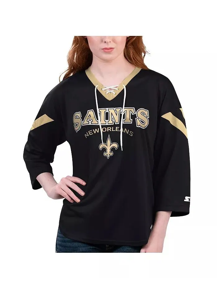 Женская черная футболка New Orleans Saints Rally Lace-Up с рукавом 3/4 Starter