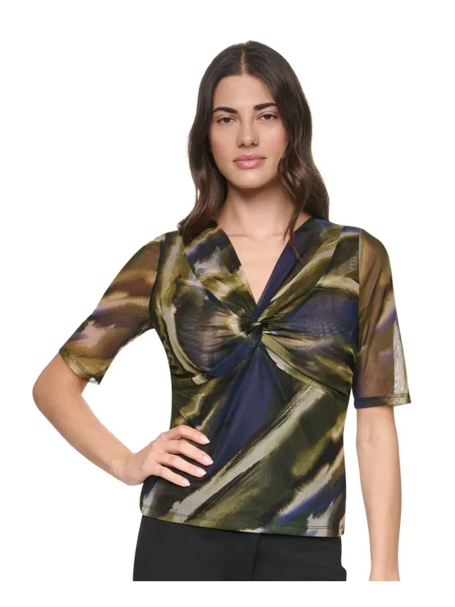 Топ с V-образным вырезом и запахом из сетки с принтом DKNY, Brushed Ri — изображение 1 из 8