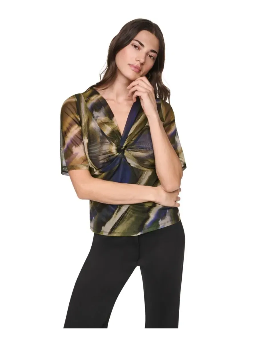 Топ с V-образным вырезом и запахом из сетки с принтом DKNY, Brushed Ri — изображение 4 из 8