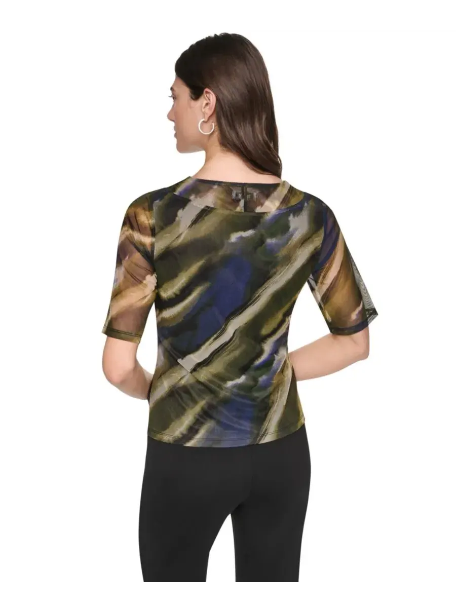 Топ с V-образным вырезом и запахом из сетки с принтом DKNY, Brushed Ri — изображение 5 из 8