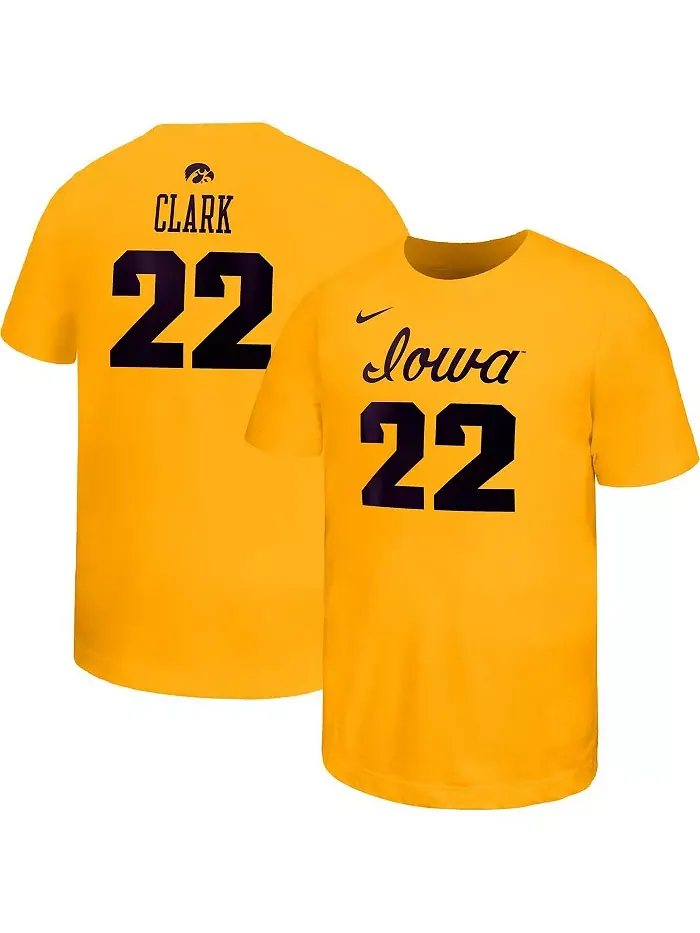 Футболка Big Boys and Girls Caitlin Clark Gold Iowa Hawkeyes Retired Player Name Number Core Nike — изображение 1 из 3