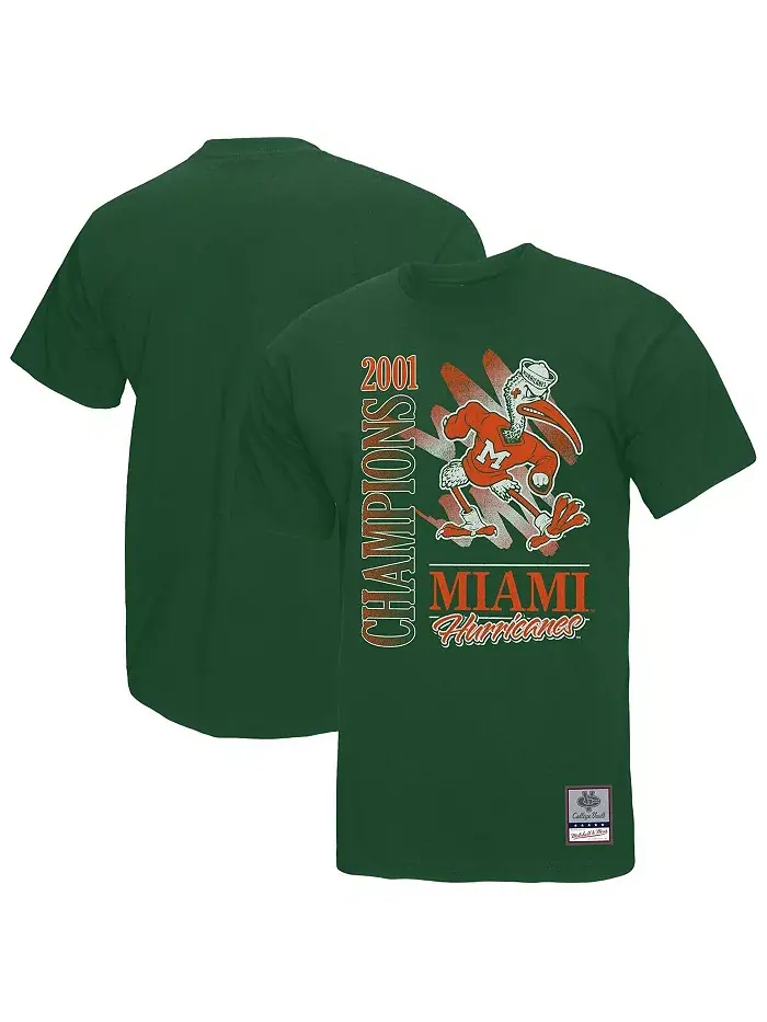 Мужская футболка Miami Hurricanes Retro Brush Mineral Wash зеленого цвета Mitchell & Ness