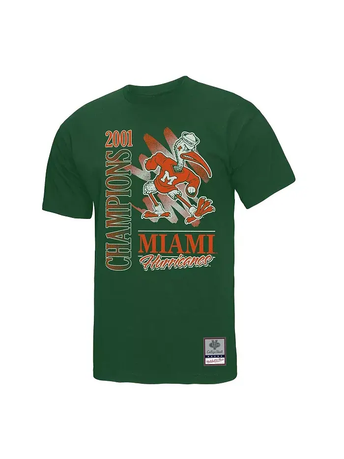 Мужская футболка Miami Hurricanes Retro Brush Mineral Wash зеленого цвета Mitchell & Ness — изображение 2 из 3