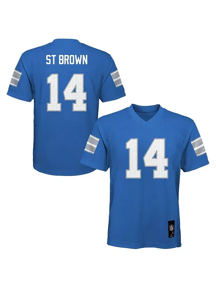 Реплика футболки игрока Amon-Ra St. Brown Blue Detroit Lions для больших мальчиков и девочек