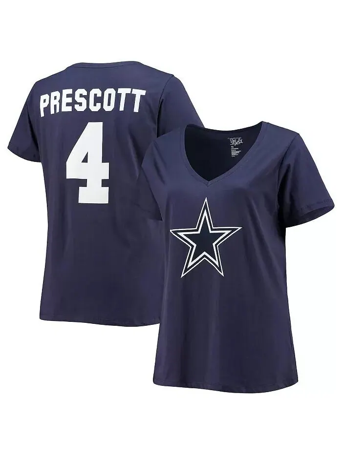 Женская темно-синяя футболка Dak Prescott Dallas Cowboys с именем и номером и v-образным вырезом — изображение 1 из 3