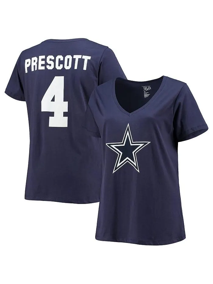 Женская фирменная футболка Dak Prescott Navy Dallas Cowboys размера плюс с v-образным вырезом с — изображение 1 из 3