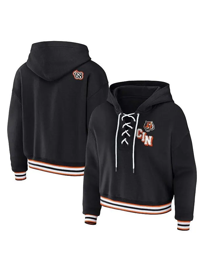 Женский черный пуловер с капюшоном Cincinnati Bengals больших размеров на шнуровке WEAR by Erin