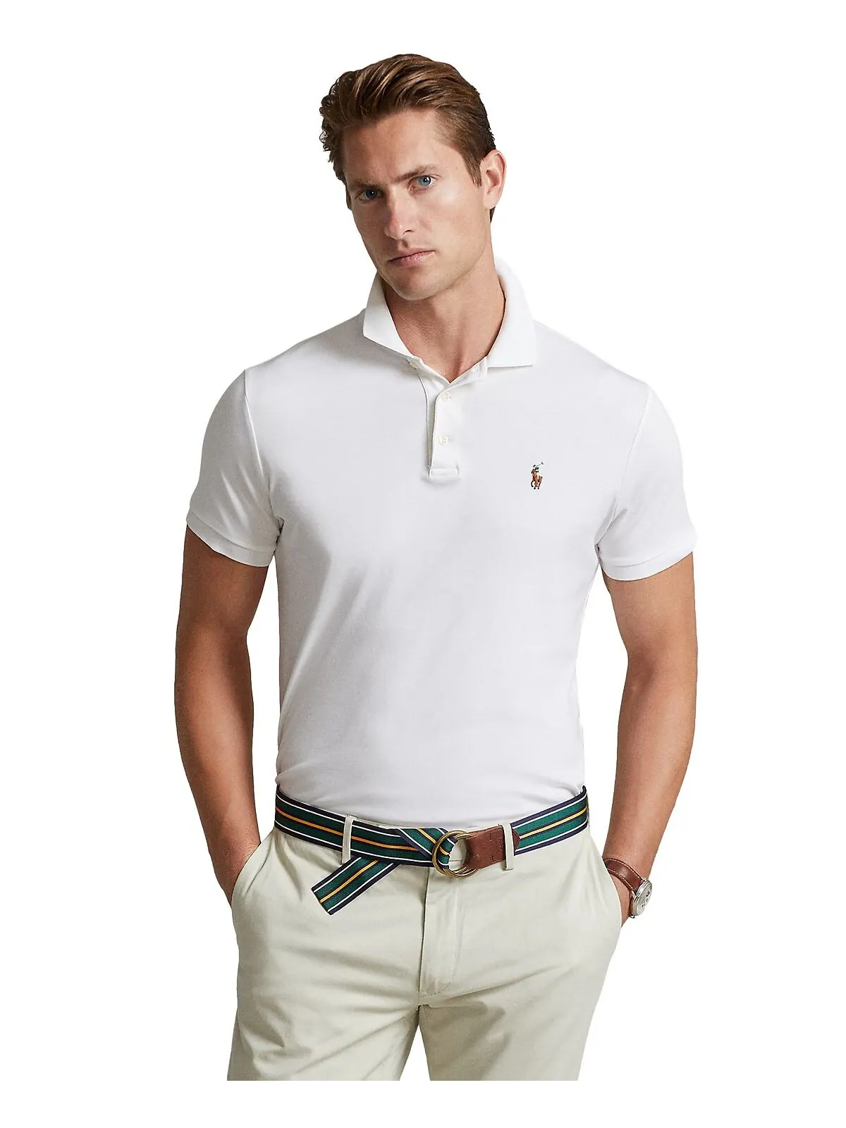 Мужская рубашка-поло из мягкого хлопка приталенного кроя Polo Ralph Lauren — изображение 1 из 5, белый