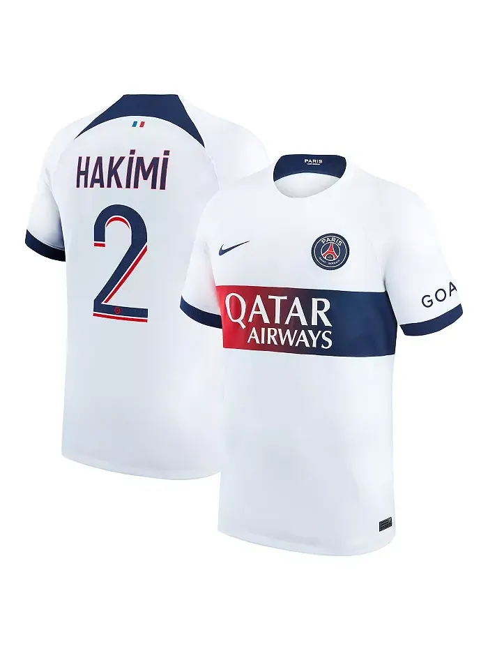 Мужская футболка Achraf Hakimi белая Paris Saint-Germain 2023/24 гостевая реплика игровой формы Nike — изображение 1 из 3