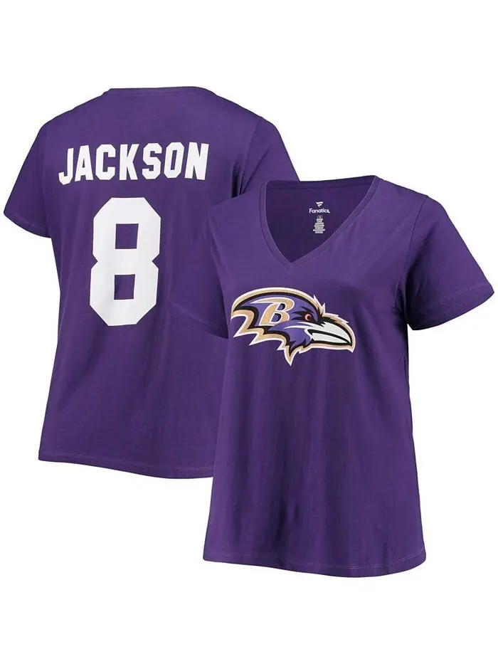 Женская футболка больших размеров Lamar Jackson Purple Baltimore Ravens с v-образным вырезом и — изображение 1 из 3