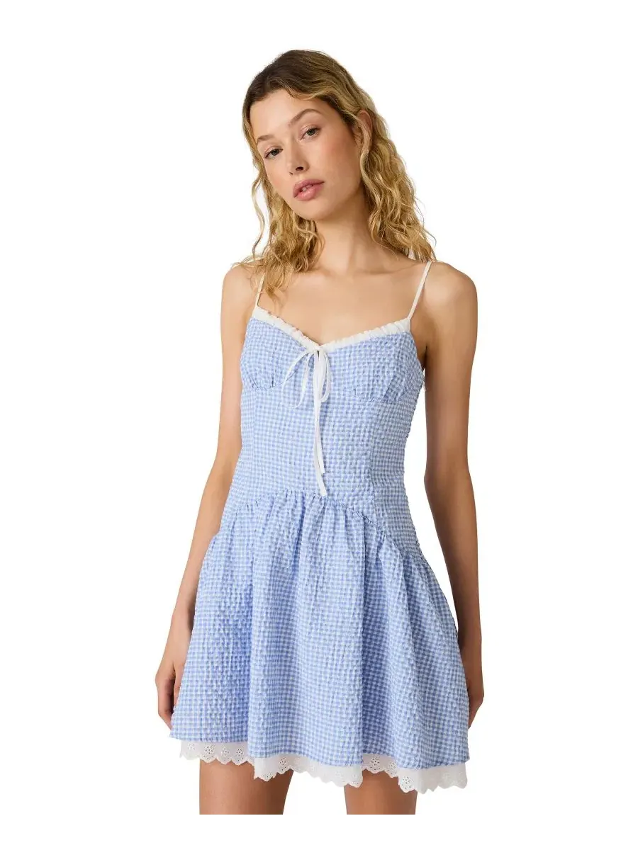Платье миди с декольте сердцем Miette Sweetheart Neck Steve Madden, Pale Blu Check — изображение 2 из 5