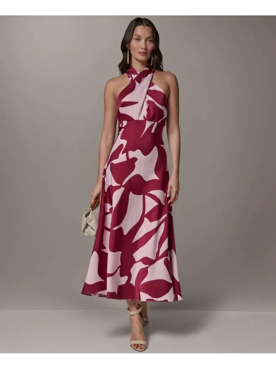 Платье-трапеция с принтом, модель Printed Satin Donna Karan New York, Sangria Lilac