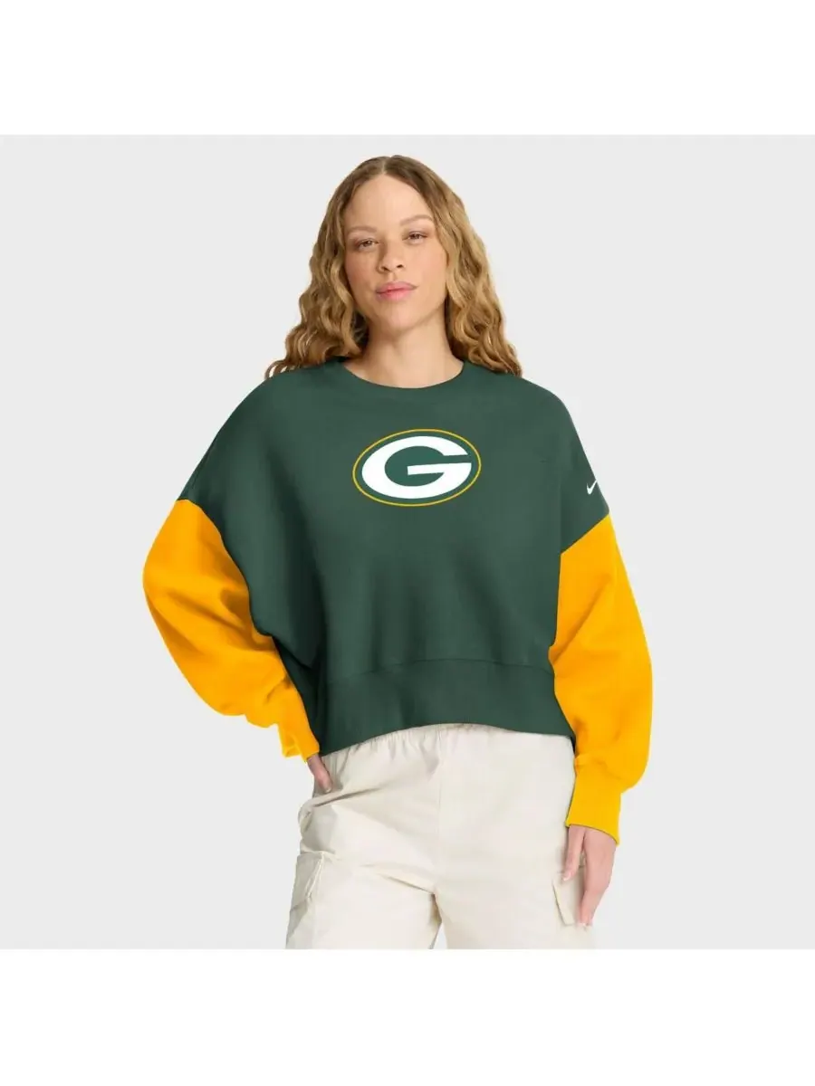 Nike Женская зеленая толстовка-пуловер с цветными блоками в стиле Green Bay Packers — изображение 1 из 5, зеленый