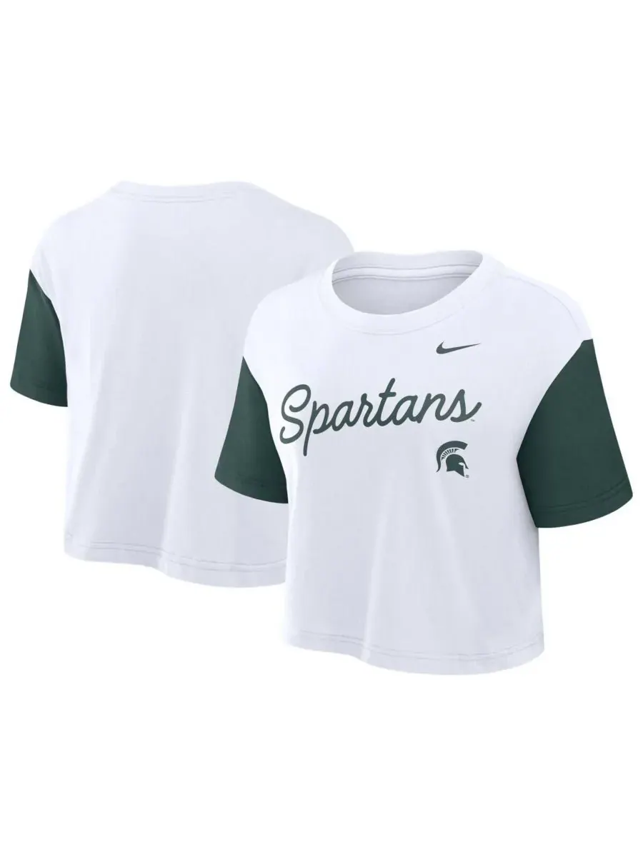 Nike Женская укороченная футболка Michigan State Spartans в бело-зеленой расцветке с цветными — изображение 1 из 3
